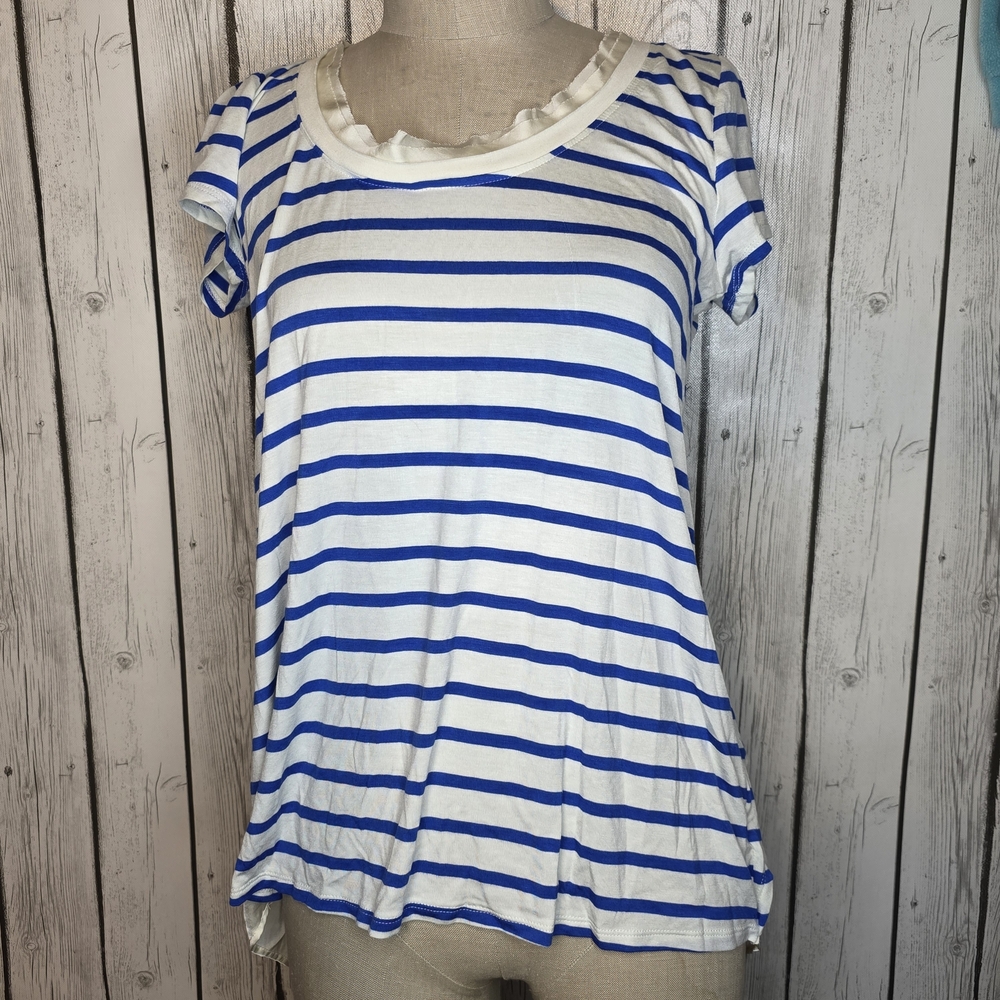 Anthropologie Bordeaux Blue Striped Chiffon Open Back Coquette Tee S